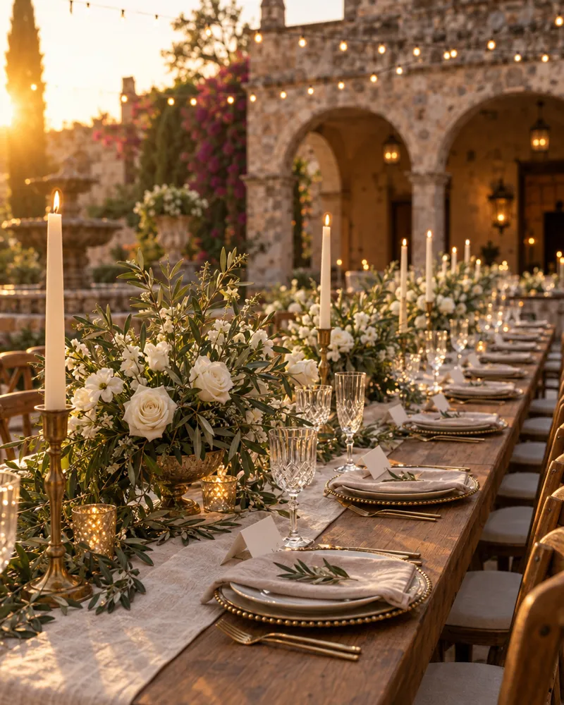 Mesa de banquete decorada con flores blancas, velas y cristalería
