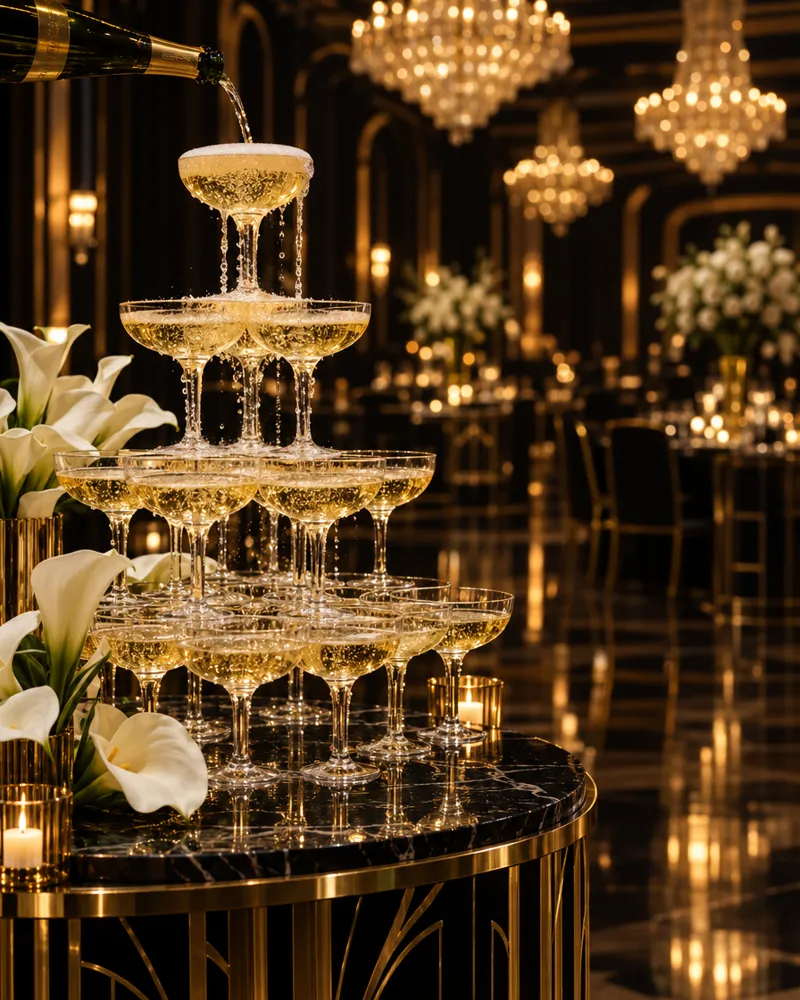 Invitados brindando con copas de champaña en una boda de noche