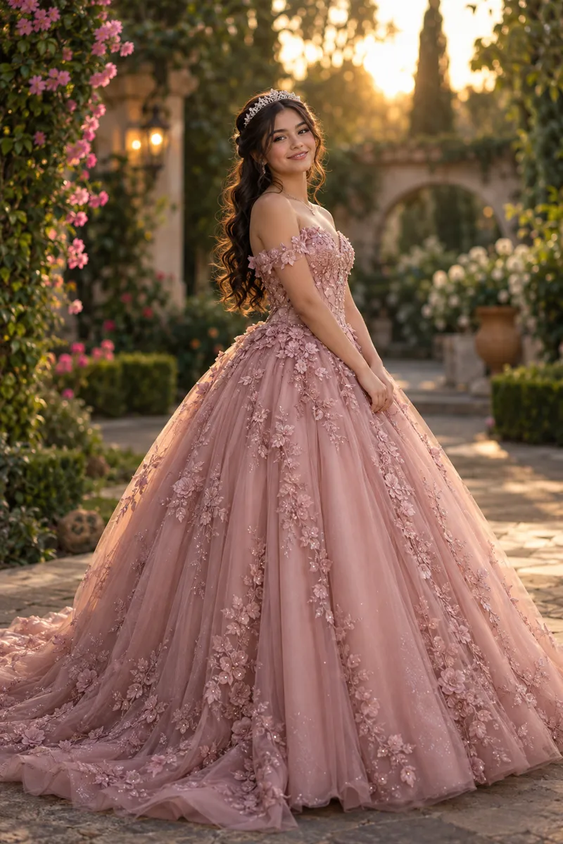 Quinceañera con vestido de gala y tiara en un jardín iluminado